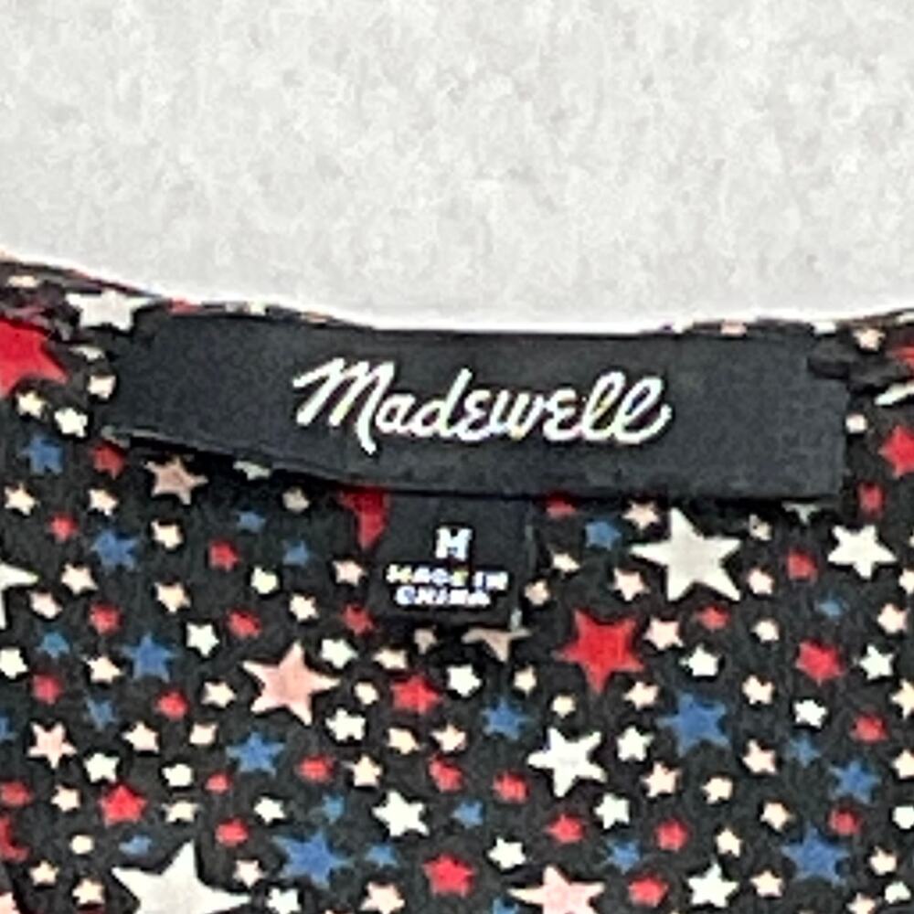 Madewell Black/Star Pattern Long Sleeve V-Neck Blouse w/ Ruffle Trim Women's M - Picture 6 of 10